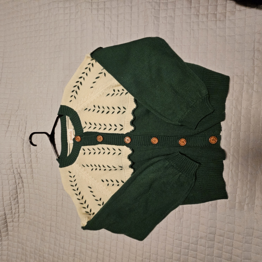 Green and Cream Cardigan with Intricate Knit Design